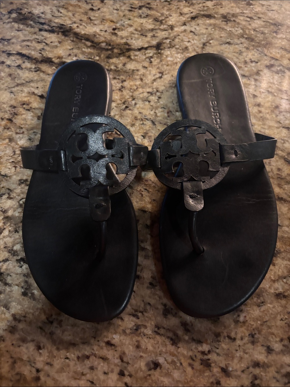 Tory Burch Black Leather Logo Thong Sandals